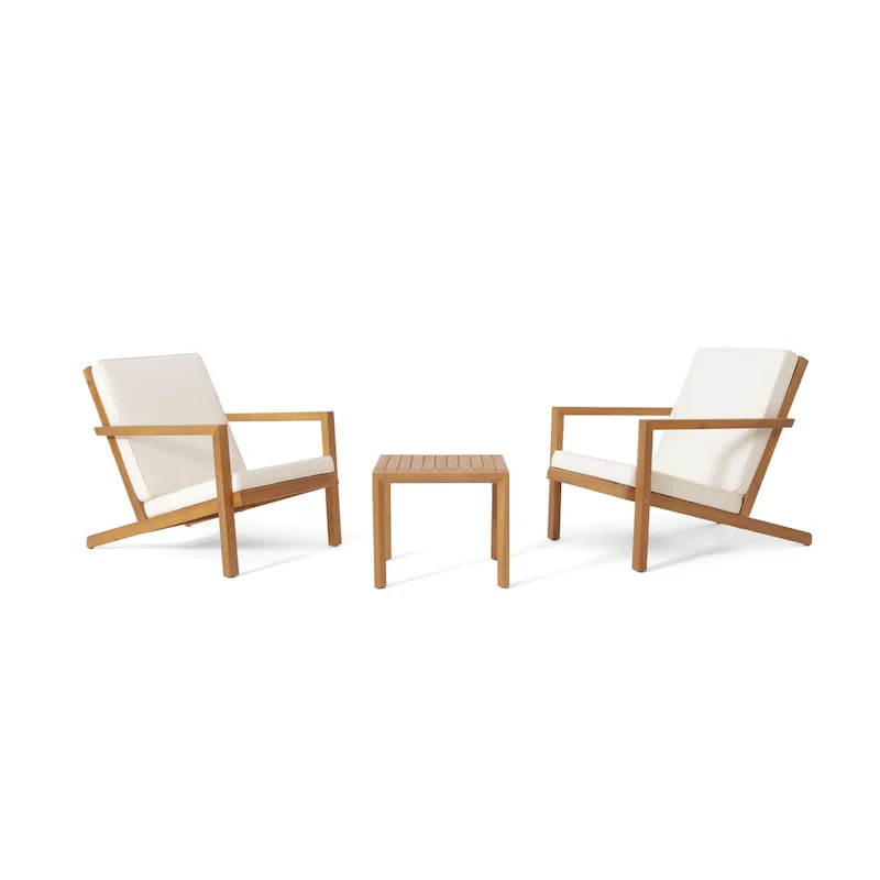 Liah Outdoor Patio Table Set, 2 Chairs, Brown Acacia Wood, Cream Polyester