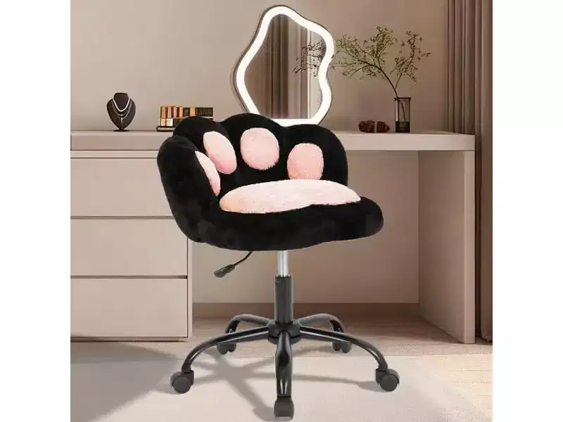 Cat Paw Vanity Chair with 360 Swivel, Plush Teddy Fabric Adjustable Height Office Chair for Desk, Black/White