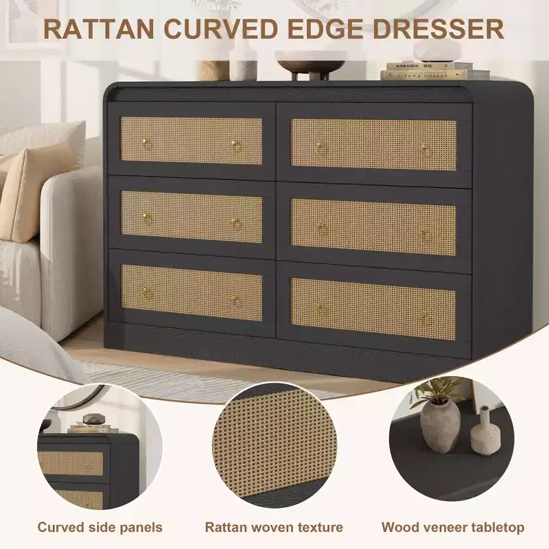 46'' Wide Rattan 6-Drawer Dresser - Modern TV Stand with Rounded Corners for Bedroom & Living Room