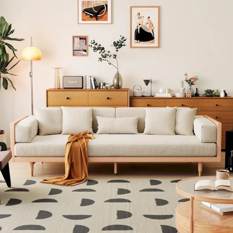 JASIWAY Modern 3-Seat Upholstered Cotton Linen Sofa,Beige