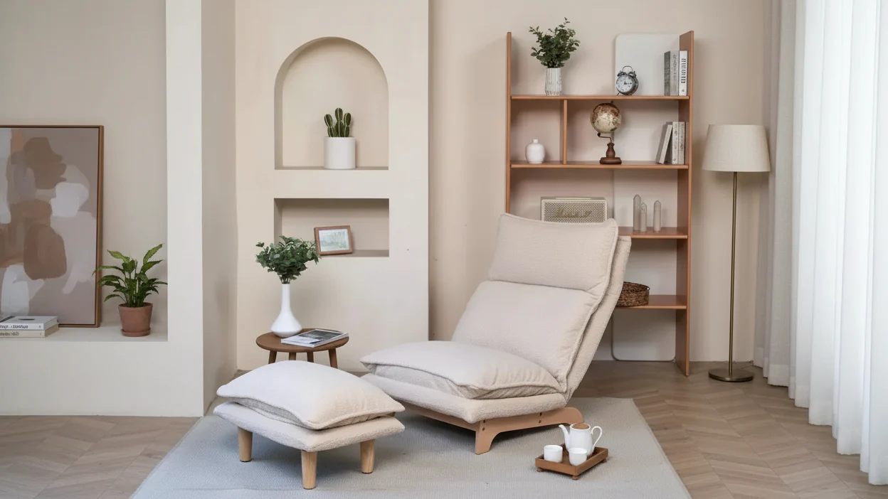 Foldable Bean Bag Chair with Footstool, Adjustable Backrest and High-Density Sponge, Floor Chair for Balcony and Living Room, Beige