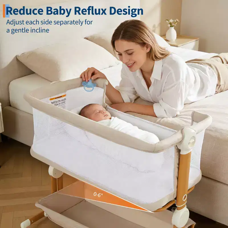 3-in-1 Baby Bassinet Bedside Sleeper w/ Anti-Reflux Incline, Portable Crib w/ 6 Adjustable Heights, Wheels, Mesh & Storage Basket for Newborn