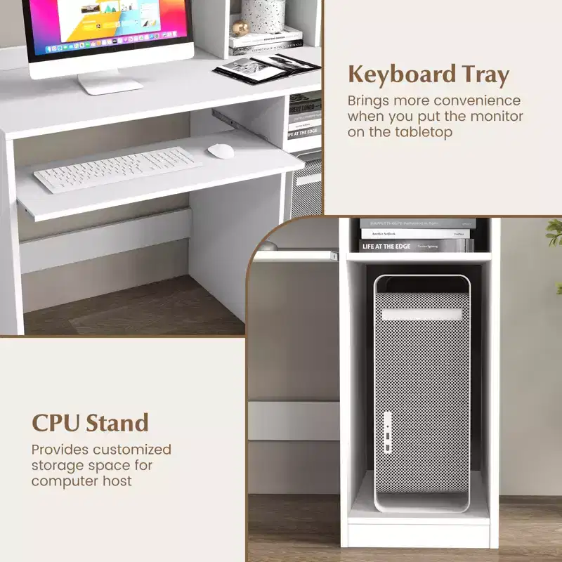 Computer Desk with Charging Station Hutch and CPU Stand White