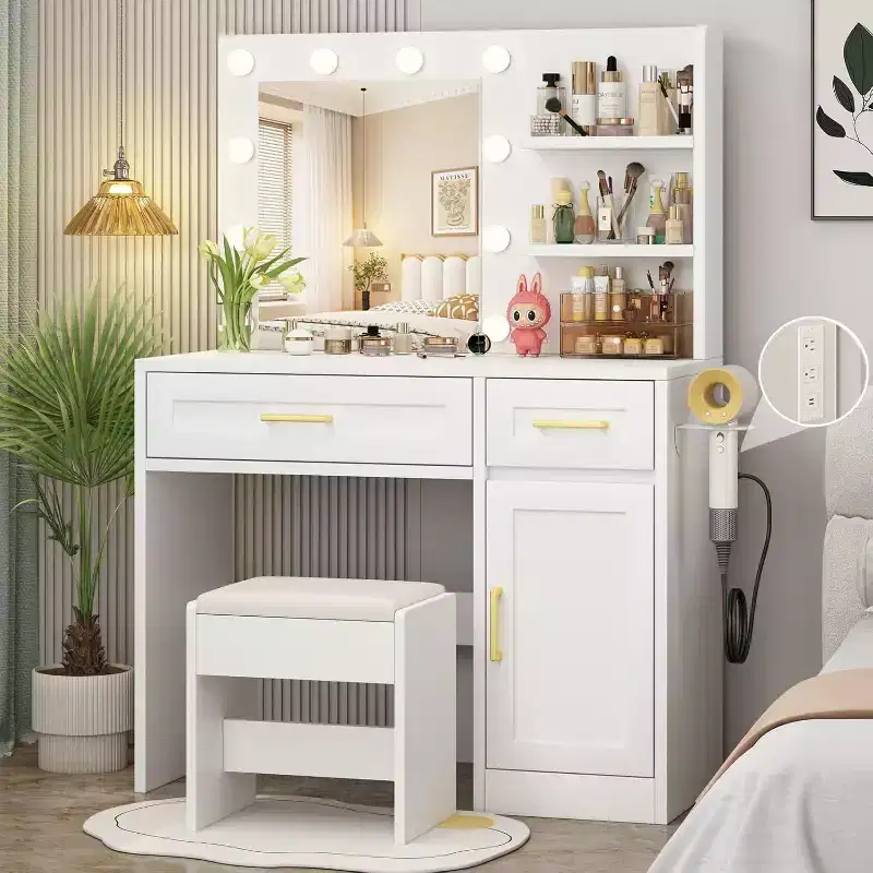 Vanity Desk with LED Lights and Power Outlet - 3 Lighting Modes, Adjustable Brightness, Drawer Storage Shelves