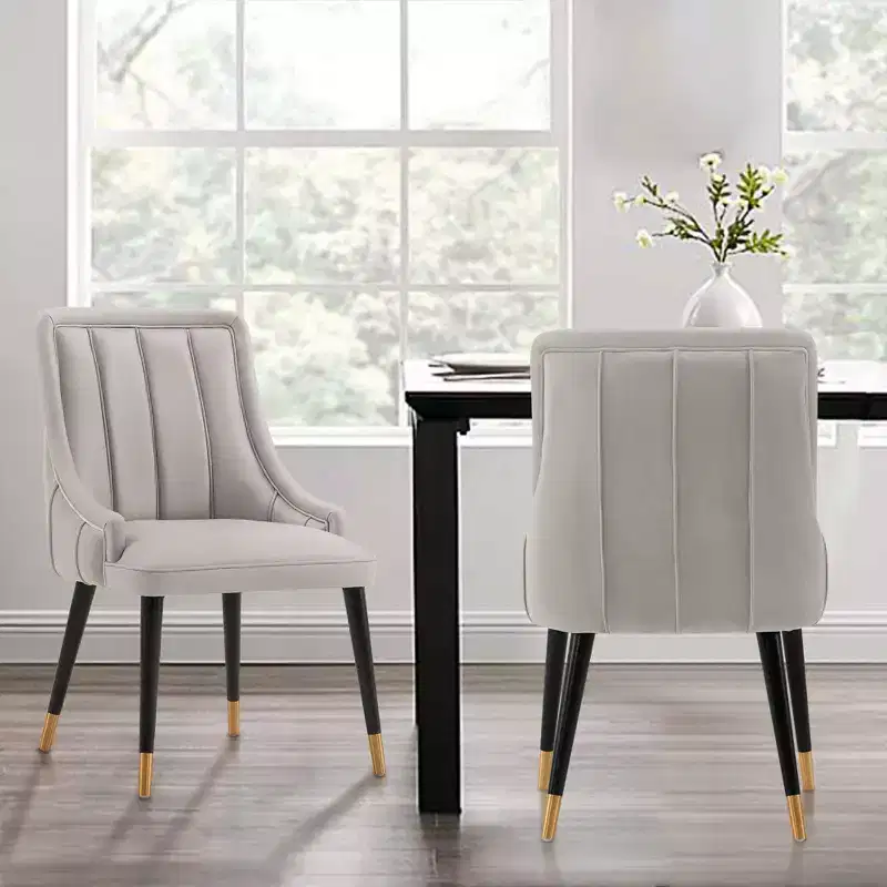 Modern Velvet and Leatherette Upholstered Dining Chair, Elm Wood Frame, Gray, No Assembly