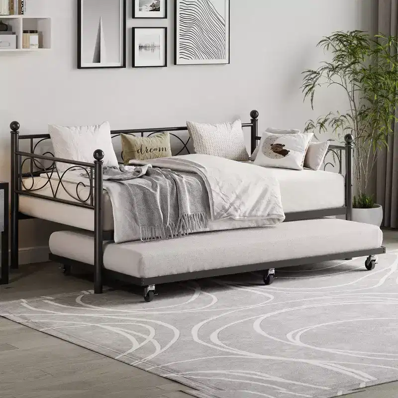 Acekool Twin Daybed with Trundle Bed Frame, Floral Iron Headboard, Heavy Duty Steel Slats, Sofa Bed with Pull-Out Trundle for Living Room, Black