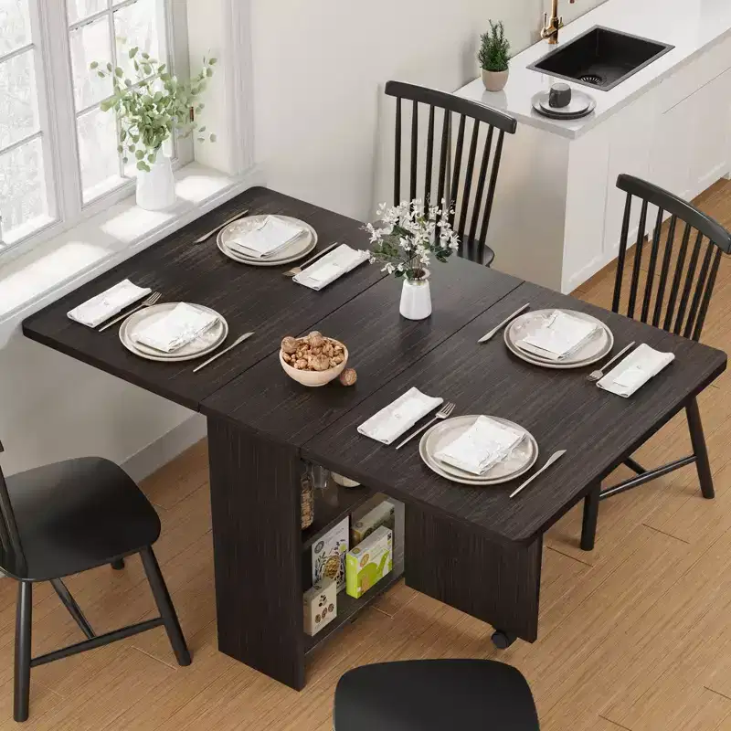 Folding Dining Table, Space Saving Drop Leaf Table for 4, Storage Shelf, 6 Wheels, Expandable Kitchen Table for Small Space