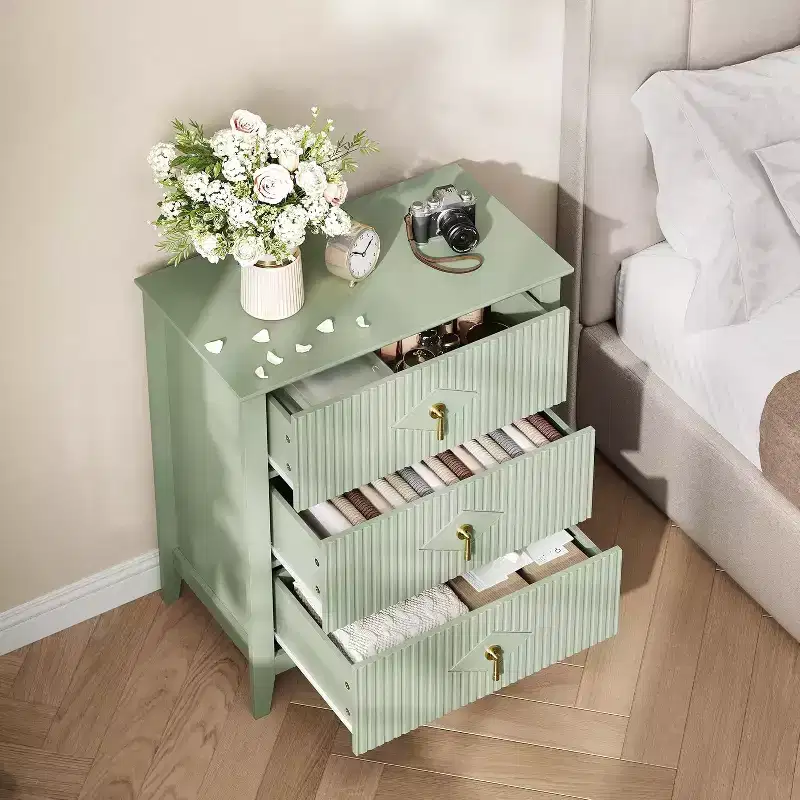2Pcs Fluted Wood Nightstands, 27.5 Wide 3-Drawer Dresser Set, Modern Bedside Tables, Chest of Drawers for Bedroom, Living Room