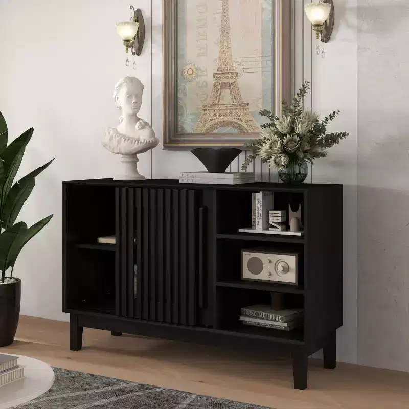 47-Inch Mid-Century Modern Sideboard and TV Stand, Buffet Storage Cabinet with Sliding Slat Door and Solid Wood Legs