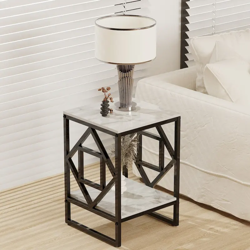 2-Tier Sintered Stone Side Table with Metal Iron Frame – Black / Gold, 1-Unit