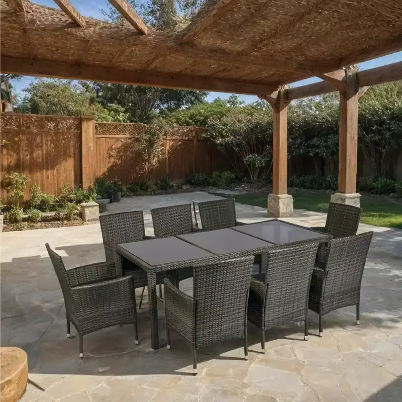 GDFStudio Jayu Modern 9 Piece Metal and PE Rattan Patio Dining Set with Cushion and Glass Tabletop