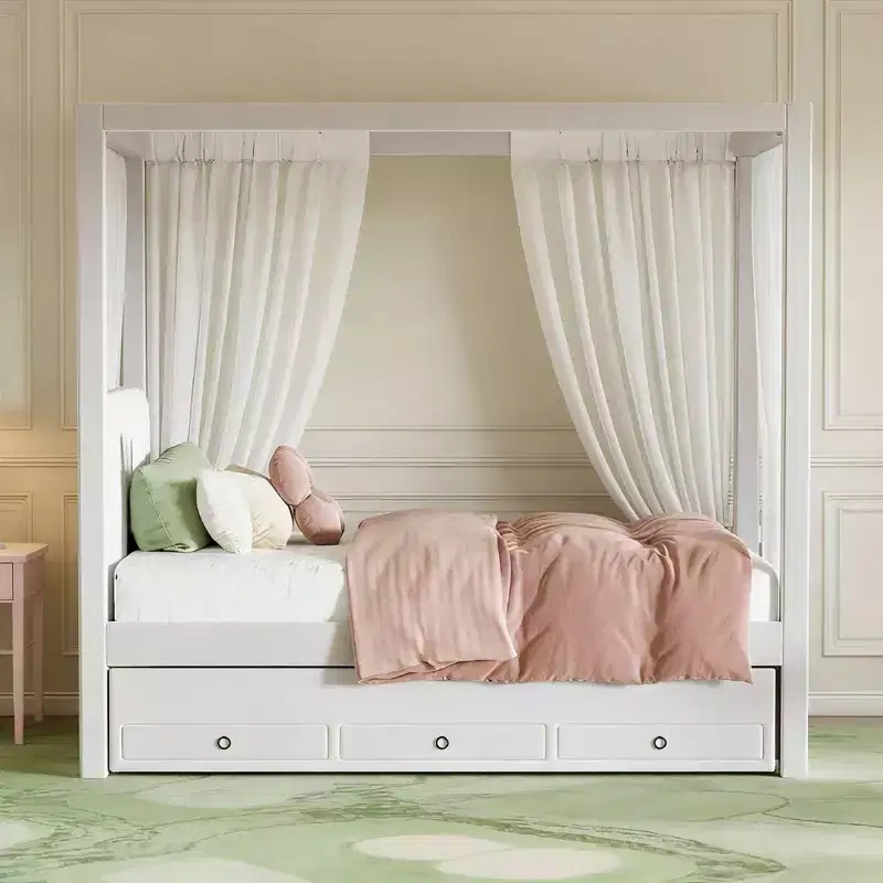 Modern Canopy Platform Bed with Upholstery headboard, Trundle and 3 Drawers, Beige