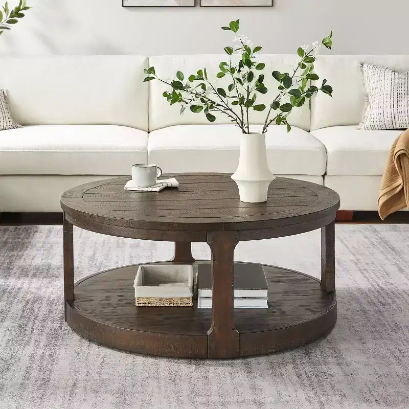 40-Inch Modern Round Coffee Table with Concealed Wheels and 2-Tier Design for Living Room, Office or Apartment