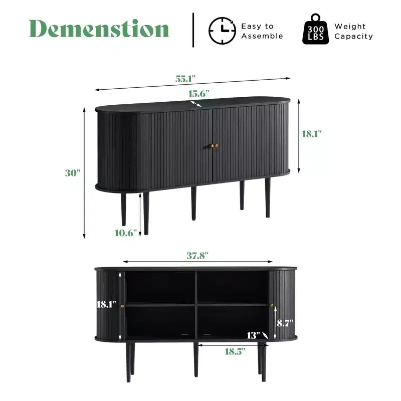 AMERLIFE 55 TV Stand, Mid Century Modern Console with Tambour Door, Solid Wood Legs