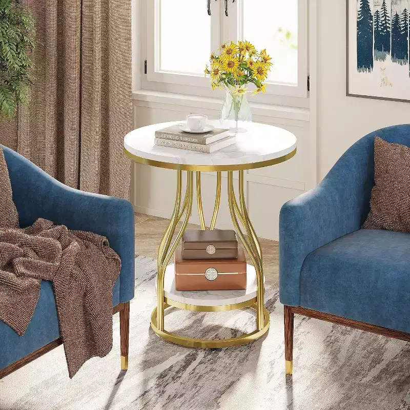 Lantine Modern Round Side Table, 2-Tier End Table with Storage for Couch Side, Sofa Side Table with Metal Frame for Living Room