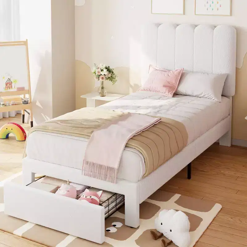 Twin Bed Frame with Storage Drawer and Headboard, Velvet Upholstered Twin Platform Bed Frame for Girls, Strong Wooden Slats Support, Noise-Free