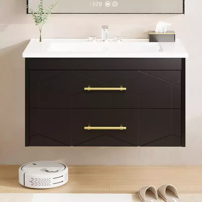 Floating Bathroom Vanity with Sink 30 inch, Modern Bathroom Sink Cabinet, Ceramic Vanity Top, 2 Large Storage Drawers with Gold Metal Handle