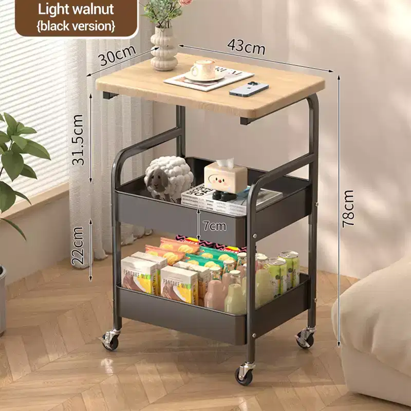 Sturdy 3-Tier Metal Utility Cart with Wooden Tabletop - Lockable Wheels, Multipurpose Storage Shelf for Kitchen Island, Office, Living Room, Bedroom