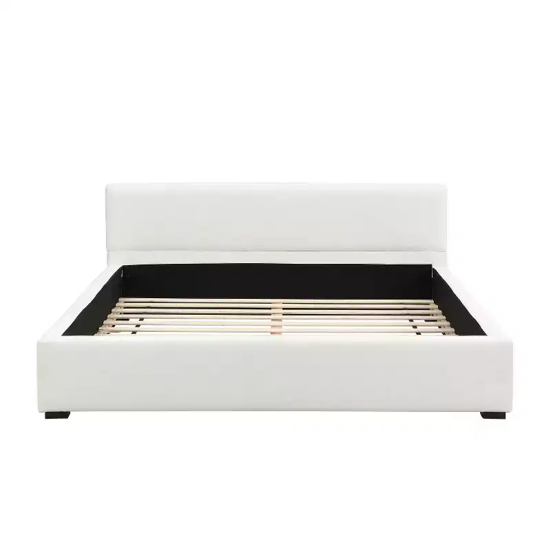 Queen/King Size Upholstered Platform Bed Frame Elegant Minimalist Bed with Headboard, Beige - ModernLuxe