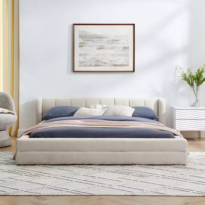 Chenille Upholstered Floor Bed with Thick Headboard