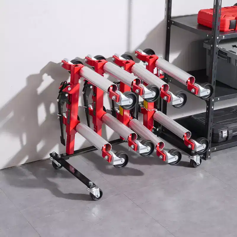 Car Dolly Rack, Storage Rack with 360 Rotatable Wheels, Hydraulic Ratchet Trolley Jack Stand Organizer, 4-Dolly Capacity, Black