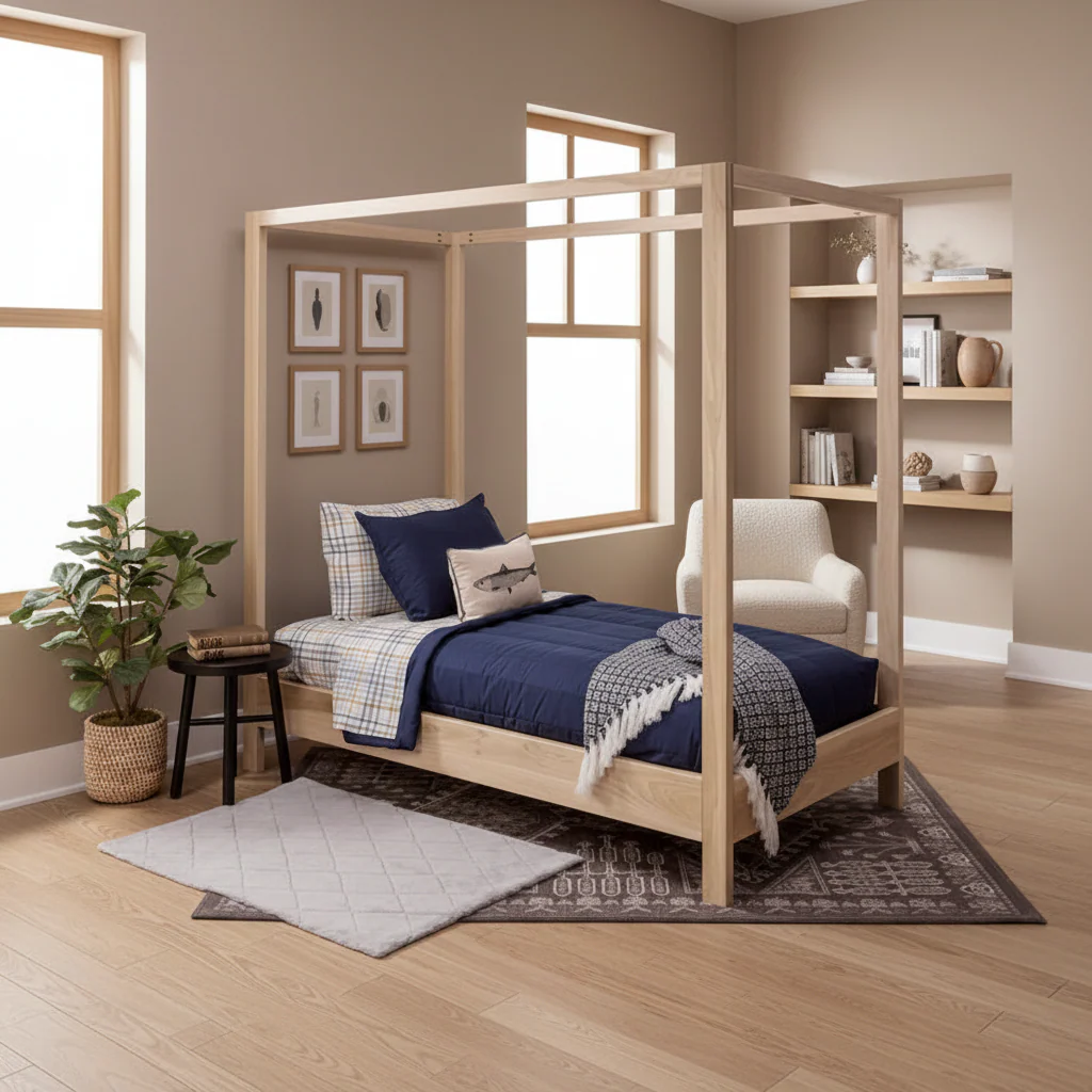 Natural Unfinished Wood Canopy Bed, Twin, 1-Person