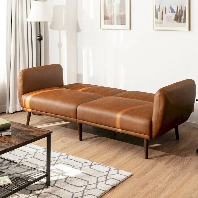 Convertible Sofa Bed with Adjustable Backrest and Faux Leather Upholstery