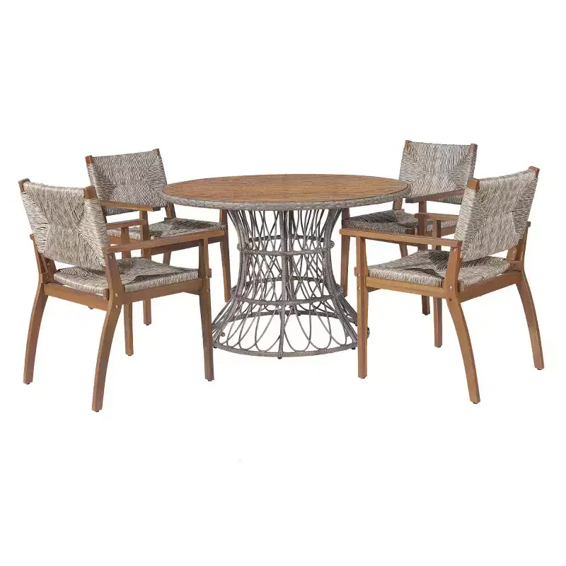 5-Piece Outdoor Patio Dining Set with Round Acacia Wood Table & 4 Woven Armchairs, Modern Garden Dining Furniture for Backyard, Deck-Panipeachy