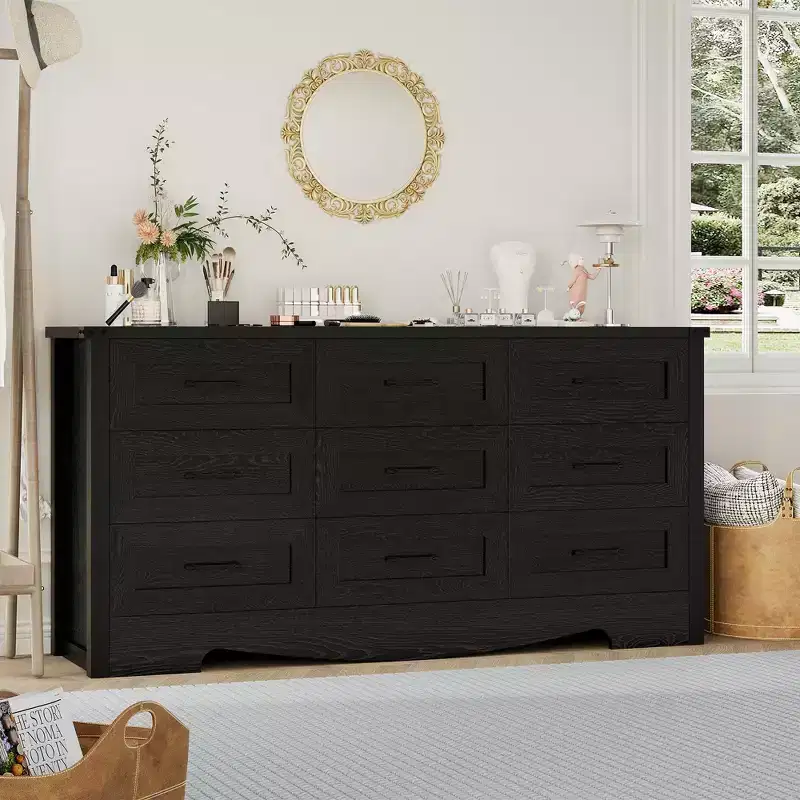 9-Drawer Dresser, 59 Farmhouse Wooden Chest of Drawers, Mid Century Modern Tall Storage Cabinet with Anti-Tip Safety for Bedroom, Living Room,Closet