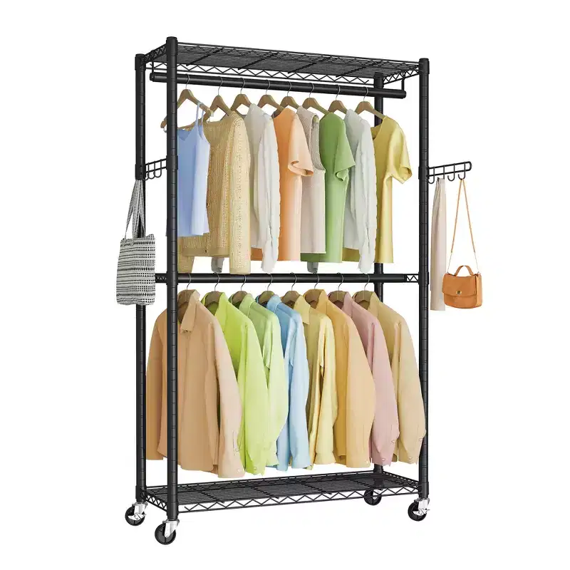 SONGMICS Heavy-Duty Rolling Clothes Rack, Garment Rack, Portable Closet on Wheels, with Adjustable Mesh Shelves and Hanging Rails, Hooks,Ink Black