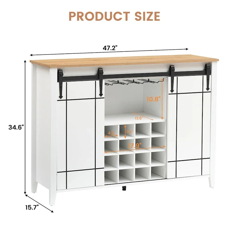 Farmhouse 47 Wine Bar Cabinet Buffet Sideboard Cabinet with 16 Bottle Wine Rack - 15.7D x 47.2W x 34.61H