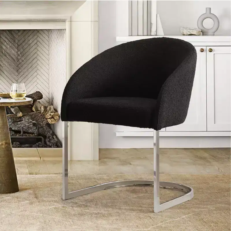 Boucle Dining Chairs with Barrel Back - Mid Century Modern Accent Arm Chairs with Chrome U-Shaped Base - Kitchen/Living Room