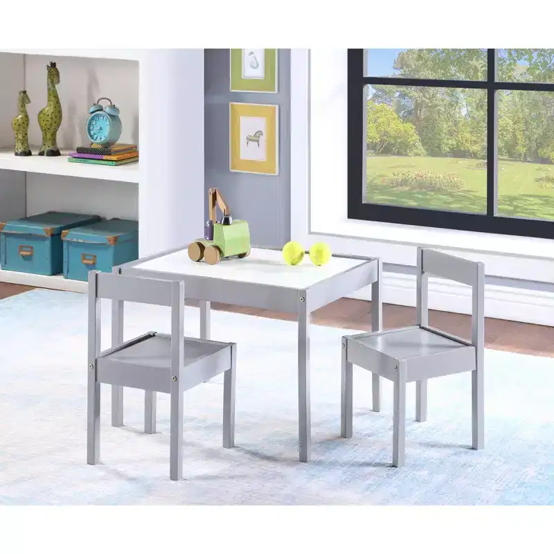 Etokfoks 3 Piece Kids Dry Erase Table and Two Chair Set Gray Solid Wood Durable Construction Easy to Clean Creative Art and Play Space