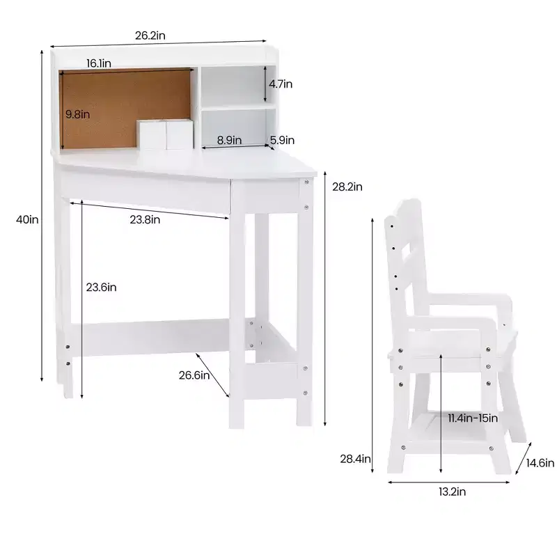 GustoWave Kids Desk and Chair Set, Wooden Corner Study Table with Bookshelf, Bulletin Board, and Pen Holder, Writing Table, White