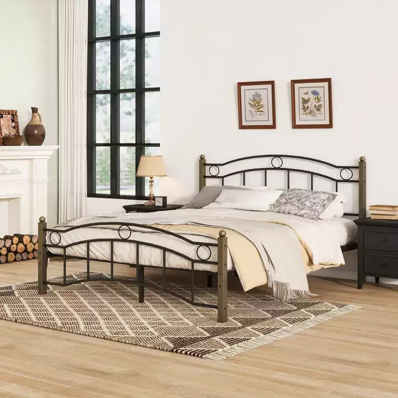 Whisen Full Metal Bed, Platform Bed Frame with Wavy Headboard, Geometric Footboard, Classic Finials, Center Bar, Easy Assembly - Black & Gold