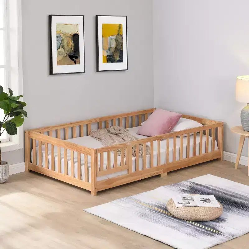 Full Size Toddler Floor Bed with Door for Kids,Modern House Montessori Bed with Fence for Bedroom