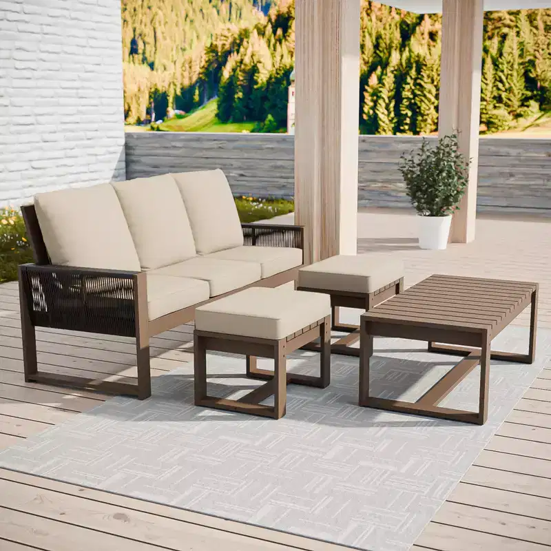 EAGLE PEAK 4 Pieces Natural Cedar Wood Conversation Set, Outdoor Patio Furniture with 2 Ottomans and Coffee Table