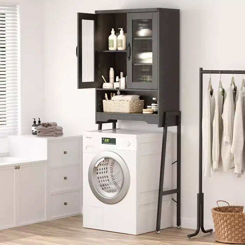 Over The Toilet Storage Cabinet with Tempered Glass Doors & Adjustable Shelf (Black)