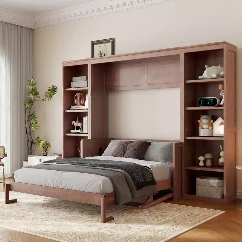 Full Size Murphy Bed & Bed Frame with Desk and Bookshelf, Space-Saving Design