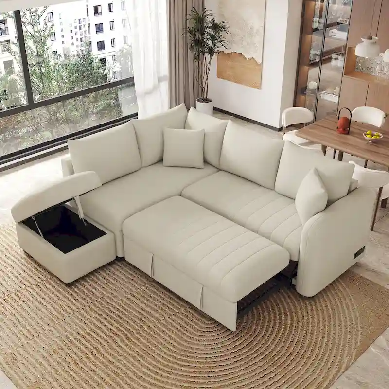 82.6 L-shaped Sectional Pull Out Sofa Bed Sleeper Sofa with Two USB Ports, Two Power Sockets and a Movable Storage Ottoman, Bei