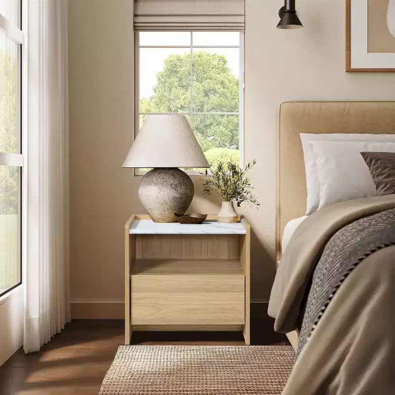 23-Inch Oak Nightstand with Faux Marble Top and Open Storage Shelf, Brown