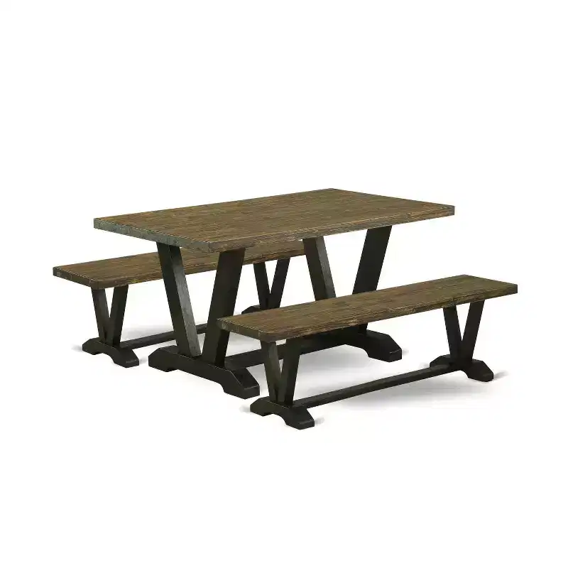 HomeStock 3-Piece Rectangle Distressed Jacobean Finish Solid Wood Top Dining Table with 2-Benches