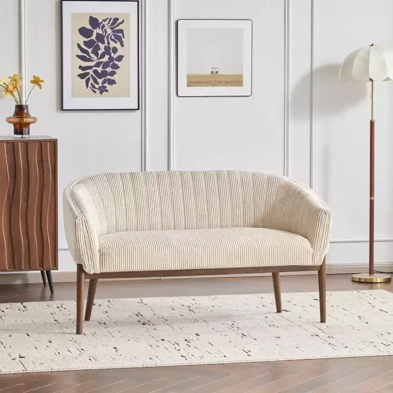 Mid-Century Modern Loveseat, Channel Stitch Upholstered Sofa with Curved Back & Rubberwood Legs, Seats 2