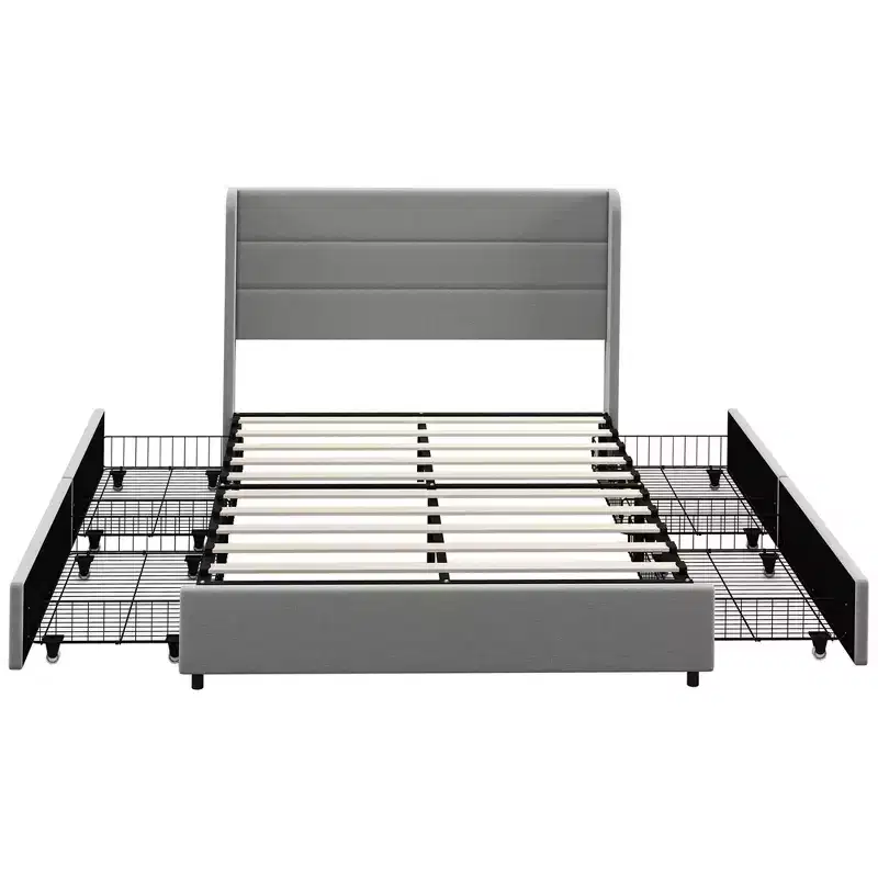 Upholstered Platform Bed Frame with Storage Drawers, Wood Slats, Noise-Free, Light Gray