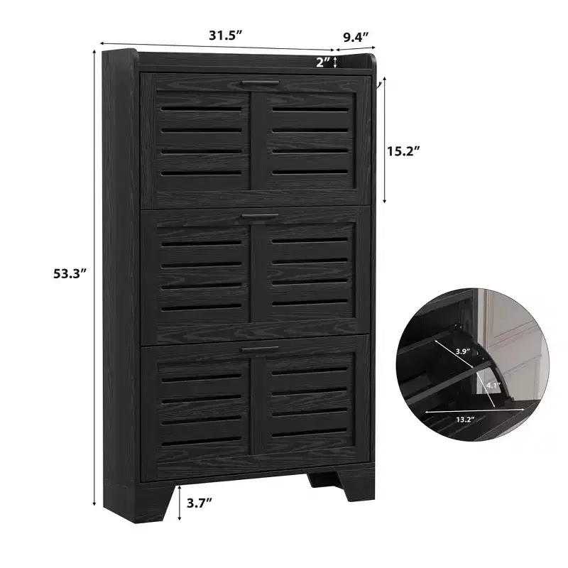 Slim 3-Drawer Shoe Cabinet with Ventilated Doors & Hooks - Space-Saving Entryway Storage Organizer