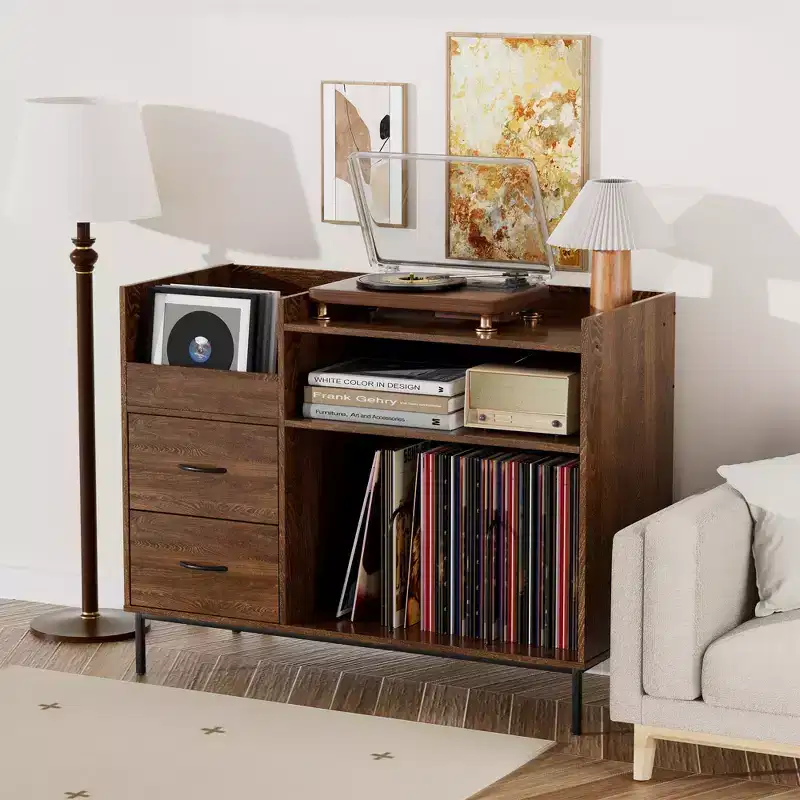 Medieval Modern Style Record Rack with Drawers, Holds 500+ Albums, Wood and Metal Audio Cabinet