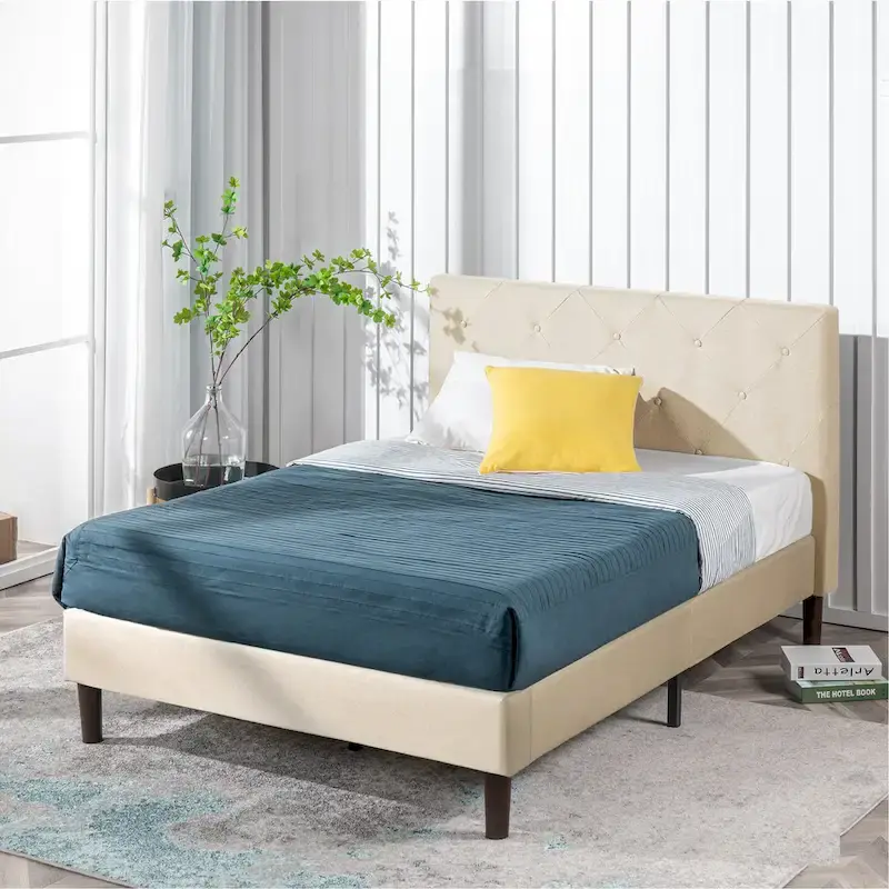 Beige Upholstered Diamond Stitched Platform Bed Frame
