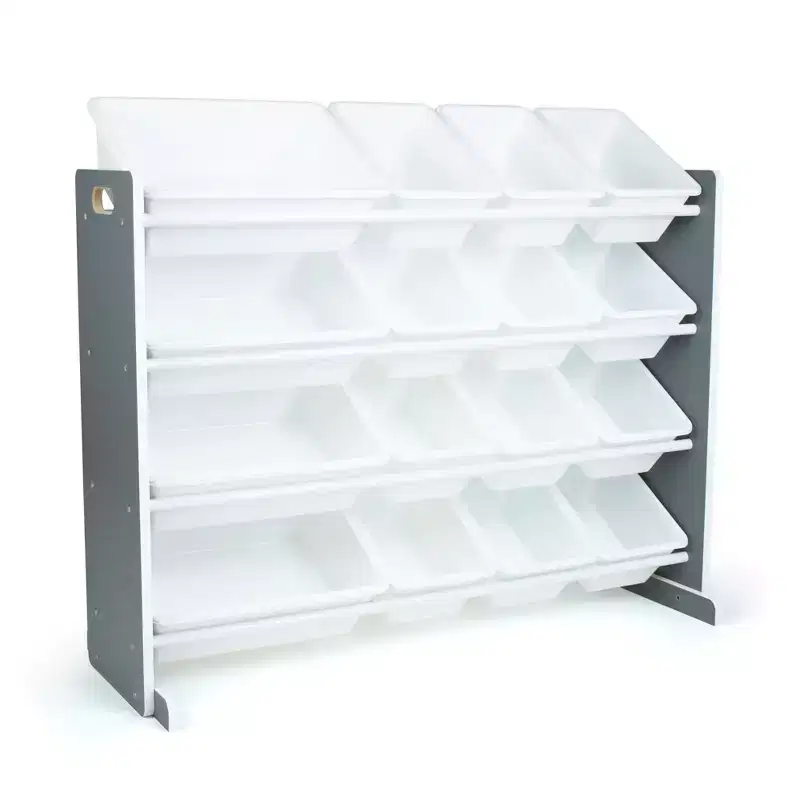 Soho Kids' Toy Storage Organizer with 16 Storage Bins Gray/White - Humble Crew: MDF Bin Shelves, 4 Shelves, Anti-Tip Hardware