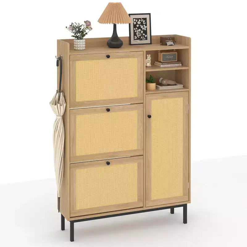 Freestanding Rattan Shoe Cabinet with 3 Flip Drawers & 5 Shelves,Shoe Storage Organizer for Entryway or Hall