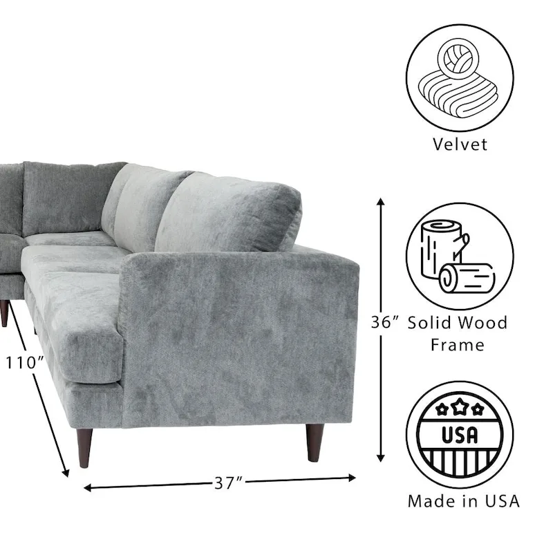 Contemporary L-Shaped Sectional Sofa – Velvet Upholstered Solid Wood Frame